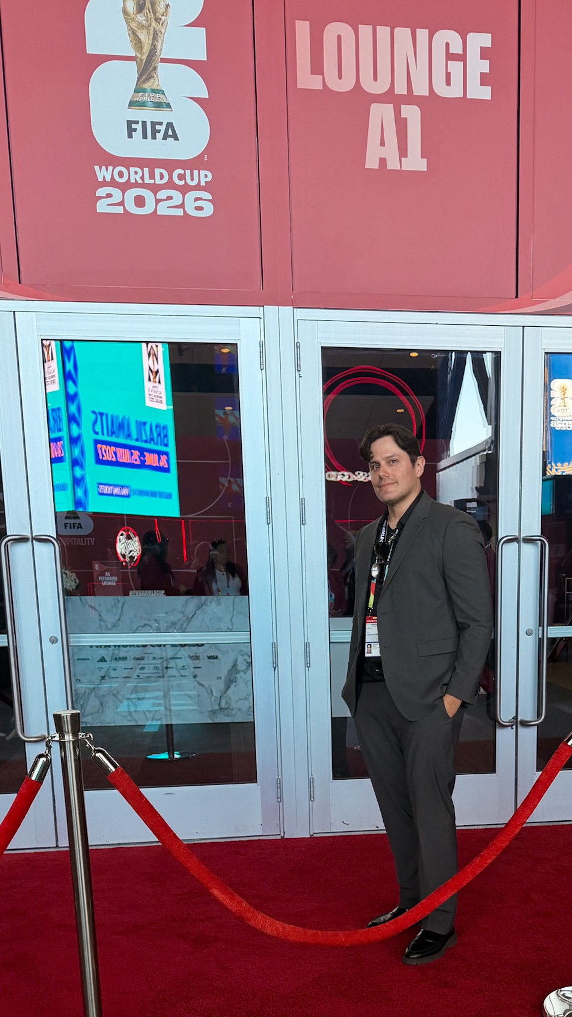 Elvis Suarez at the entrance to Lounge A1, FIFA World Cup 2026.